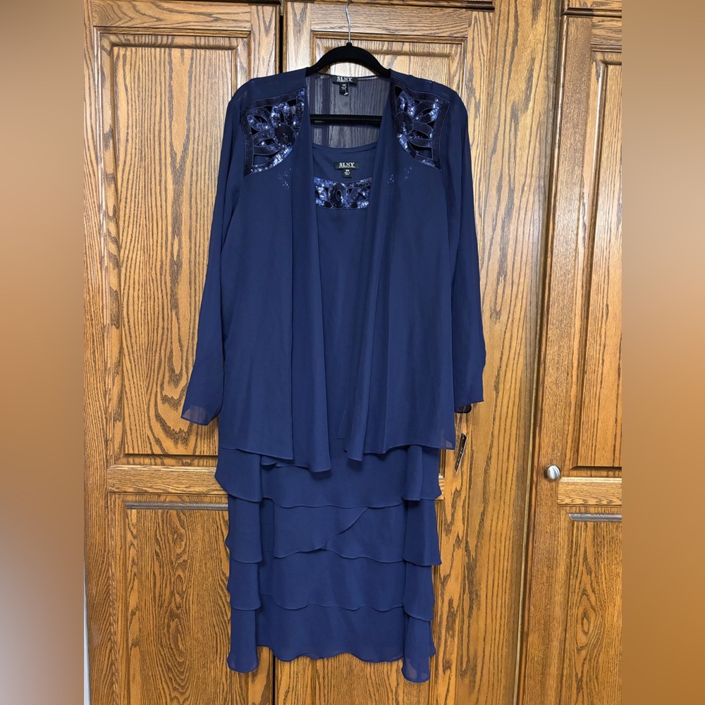 SLNY Blue Long Sleeve Gown for Wedding Guest